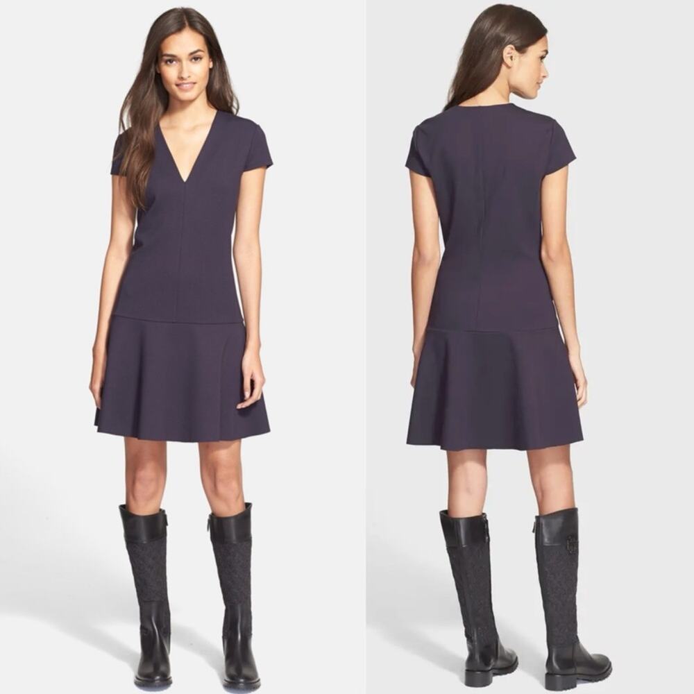 Tory‎ Burch Cap Sleeve V-neck Ruffle Shift Dress Navy Blue Sz M